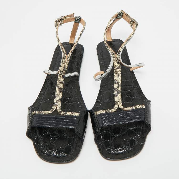 Pre Owned Chloe Multicolor Lizard Embossed and Croc Embossed Leather Ankle Strap Flats Size 38.5