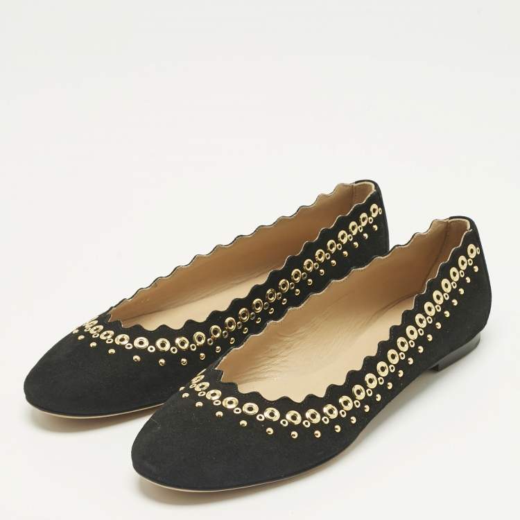 Pre Owned Chloe Black Suede Studded Scalloped Ballet Flats Size 38.5