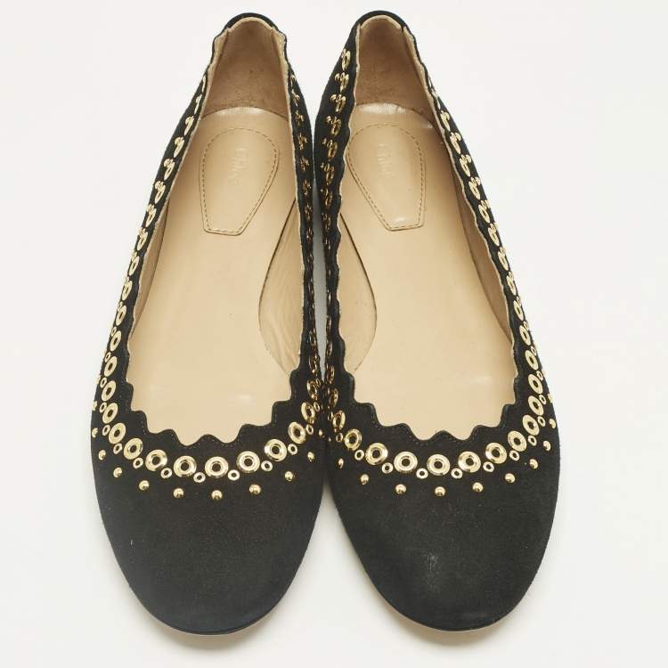 Pre Owned Chloe Black Suede Studded Scalloped Ballet Flats Size 38.5