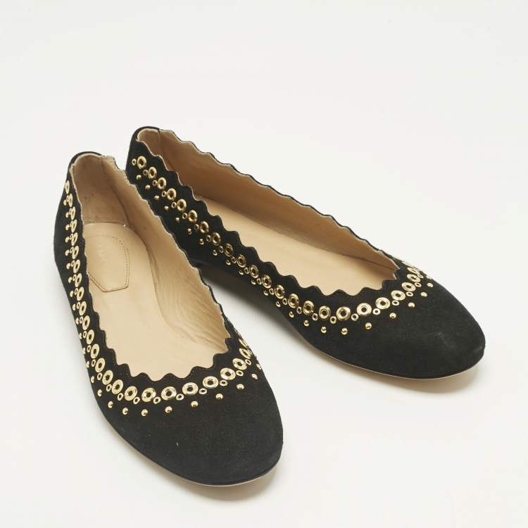 Pre Owned Chloe Black Suede Studded Scalloped Ballet Flats Size 38.5