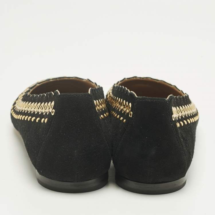Pre Owned Chloe Black Suede Studded Scalloped Ballet Flats Size 38.5