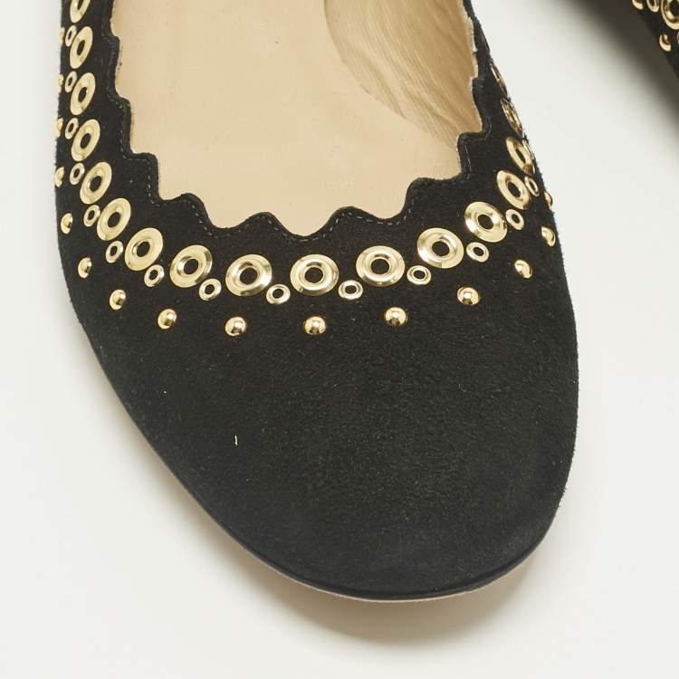Pre Owned Chloe Black Suede Studded Scalloped Ballet Flats Size 38.5
