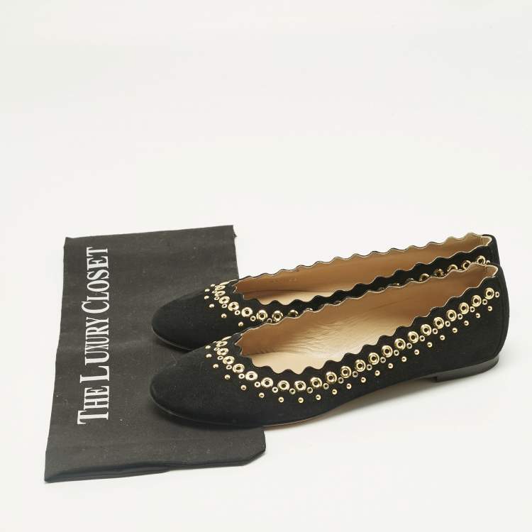Pre Owned Chloe Black Suede Studded Scalloped Ballet Flats Size 38.5