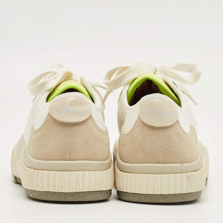 مملوكة مسبقًا حذاء رياضي كلوي كلينت قماش جلدي بيج وأبيض بعنق منخفض مقاس 35