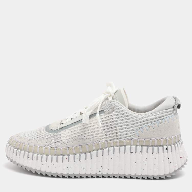 Pre Owned Chloé Nama Size 39 Grey Knit Fabric and Suede Low Top Sneakers