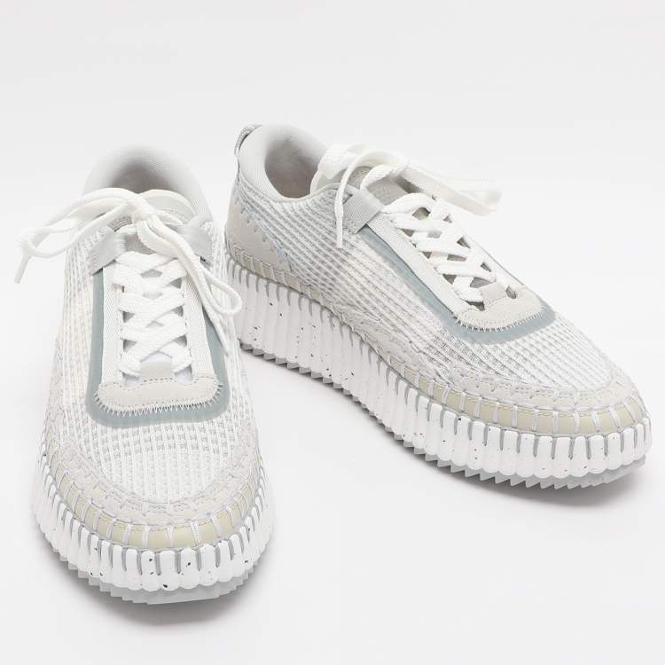 Pre Owned Chloé Nama Size 39 Grey Knit Fabric and Suede Low Top Sneakers