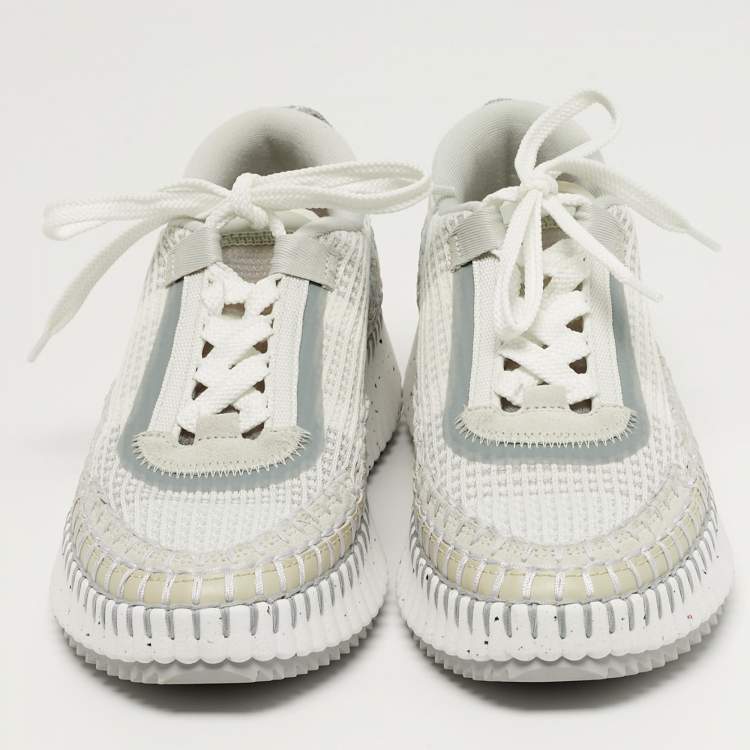 Pre Owned Chloé Nama Size 36 Grey/White Knit Fabric and Suede Lace Up Sneakers