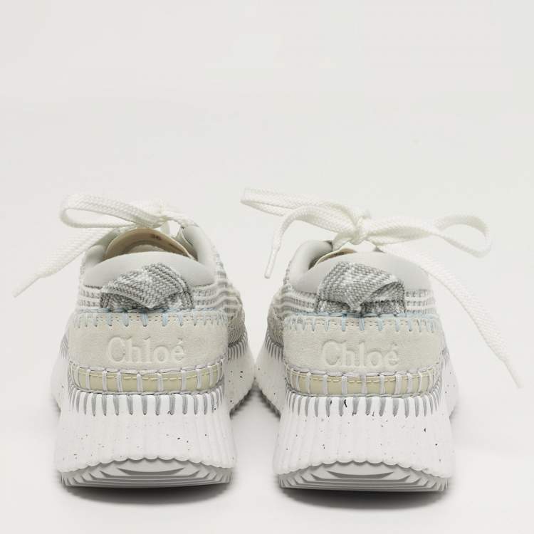 Pre Owned Chloé Nama Size 36 Grey/White Knit Fabric and Suede Lace Up Sneakers