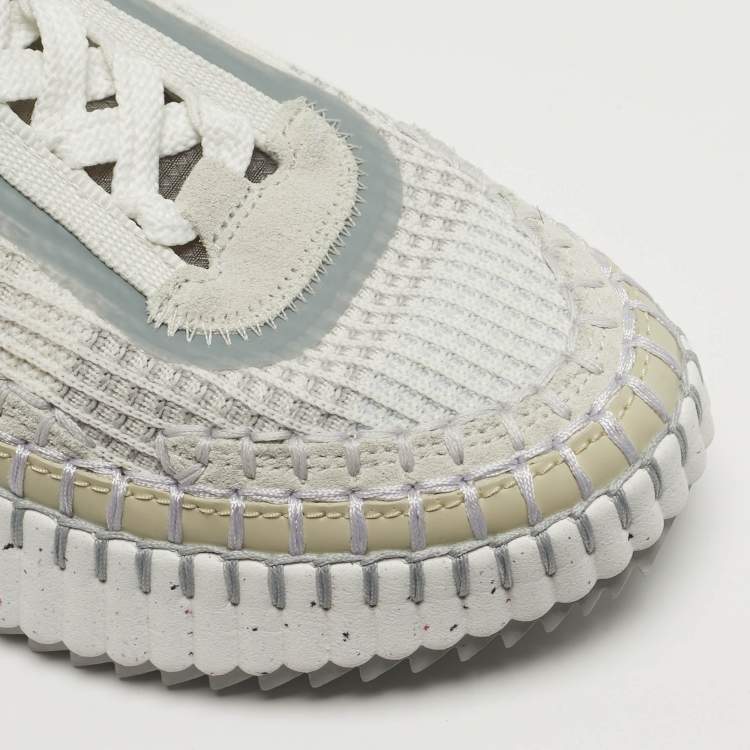 Pre Owned Chloé Nama Size 36 Grey/White Knit Fabric and Suede Lace Up Sneakers