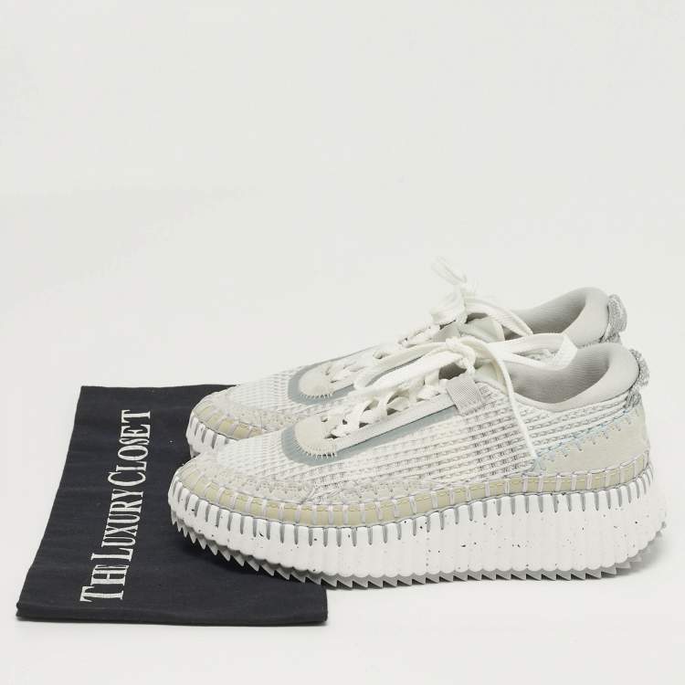 Pre Owned Chloé Nama Size 36 Grey/White Knit Fabric and Suede Lace Up Sneakers