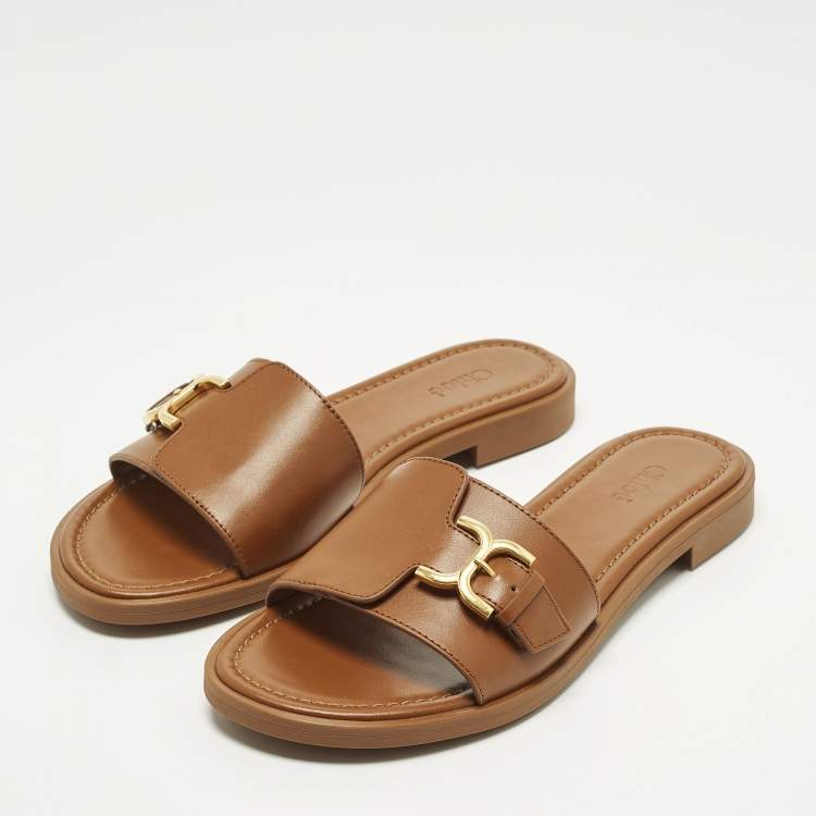 مملوكة مسبقًا Chloe Marcie Size 38 Brown Leather Flat Slides