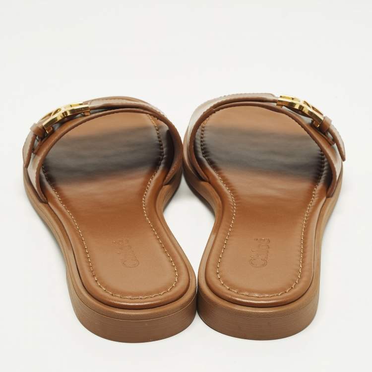 مملوكة مسبقًا Chloe Marcie Size 38 Brown Leather Flat Slides