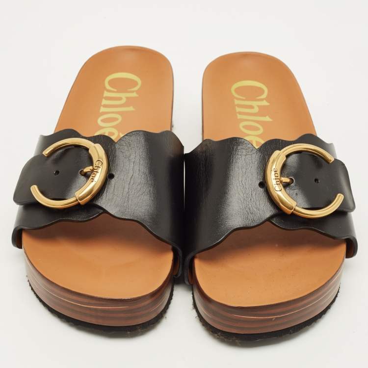 Pre Owned Chloe Laurena Scalloped Size 39 Black Leather Slide Sandals          