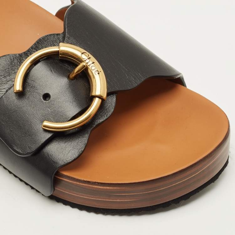 Pre Owned Chloe Laurena Scalloped Size 39 Black Leather Slide Sandals          