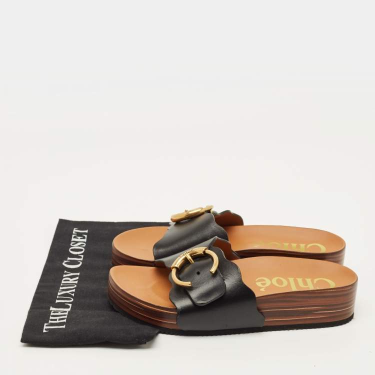 Pre Owned Chloe Laurena Scalloped Size 39 Black Leather Slide Sandals          