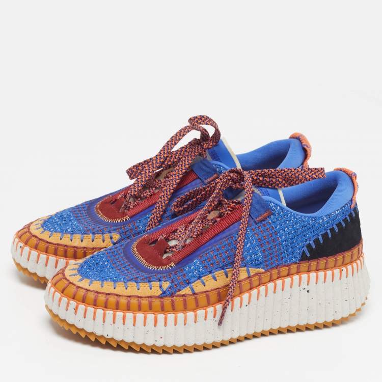Pre Owned Chloe Nama Size 39 Multicolor Knit Fabric and Suede Lace Up Sneakers