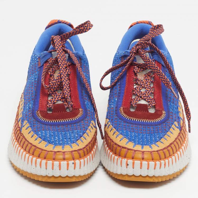 Pre Owned Chloe Nama Size 39 Multicolor Knit Fabric and Suede Lace Up Sneakers