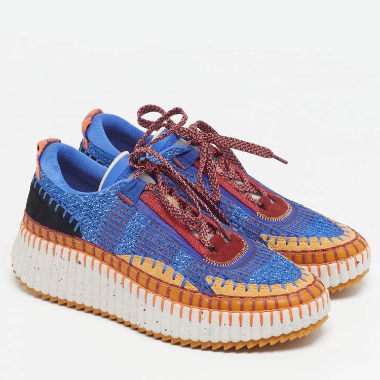 Pre Owned Chloe Nama Size 39 Multicolor Knit Fabric and Suede Lace Up Sneakers