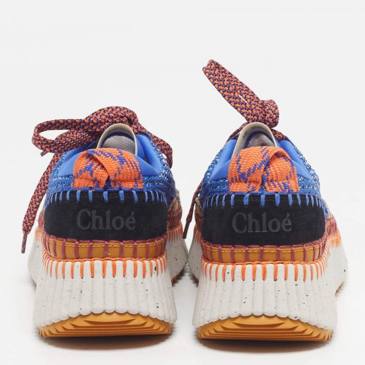 Pre Owned Chloe Nama Size 39 Multicolor Knit Fabric and Suede Lace Up Sneakers