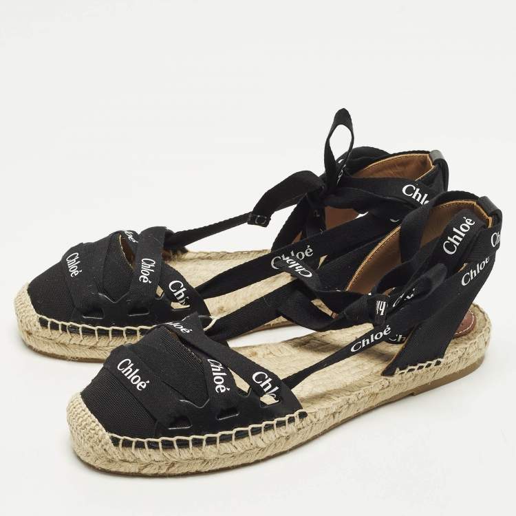 Pre Owned Chloe Lauren Size 38 Black Canvas Ankle Wrap Espadrille Flats