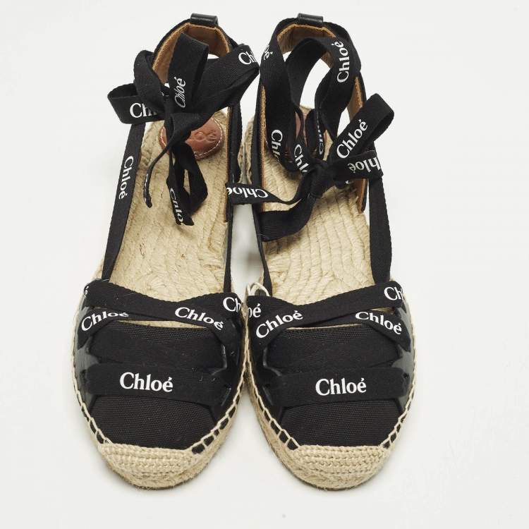 Pre Owned Chloe Lauren Size 38 Black Canvas Ankle Wrap Espadrille Flats