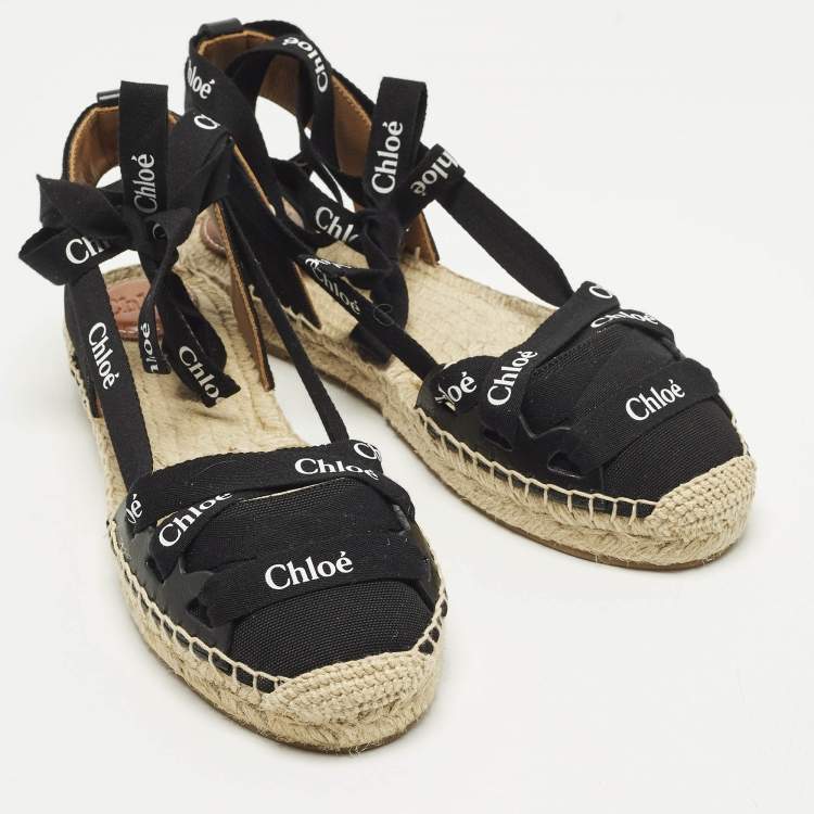 Pre Owned Chloe Lauren Size 38 Black Canvas Ankle Wrap Espadrille Flats