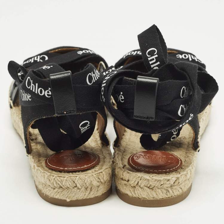 Pre Owned Chloe Lauren Size 38 Black Canvas Ankle Wrap Espadrille Flats