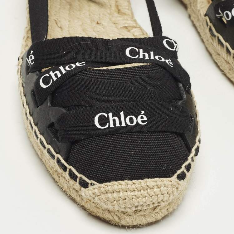 Pre Owned Chloe Lauren Size 38 Black Canvas Ankle Wrap Espadrille Flats
