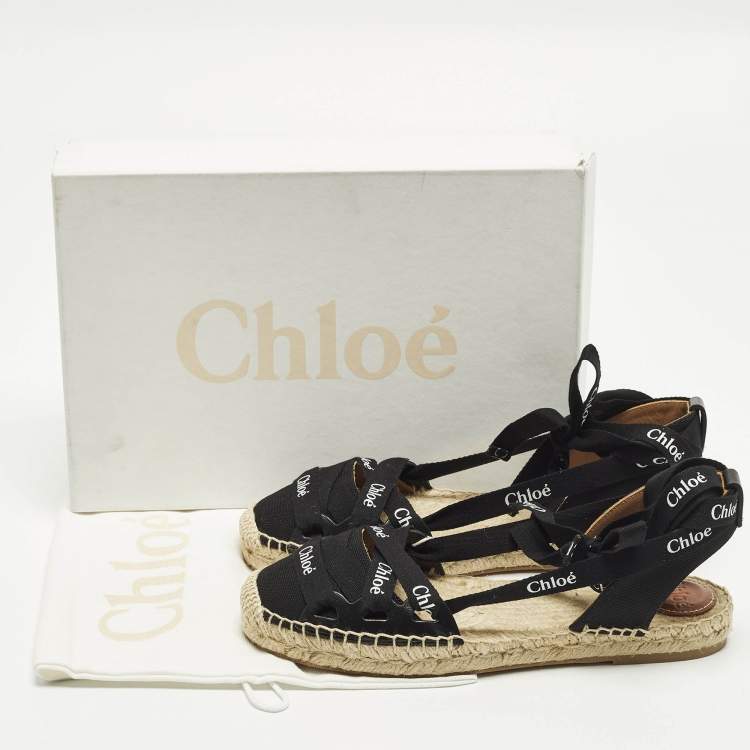 Pre Owned Chloe Lauren Size 38 Black Canvas Ankle Wrap Espadrille Flats