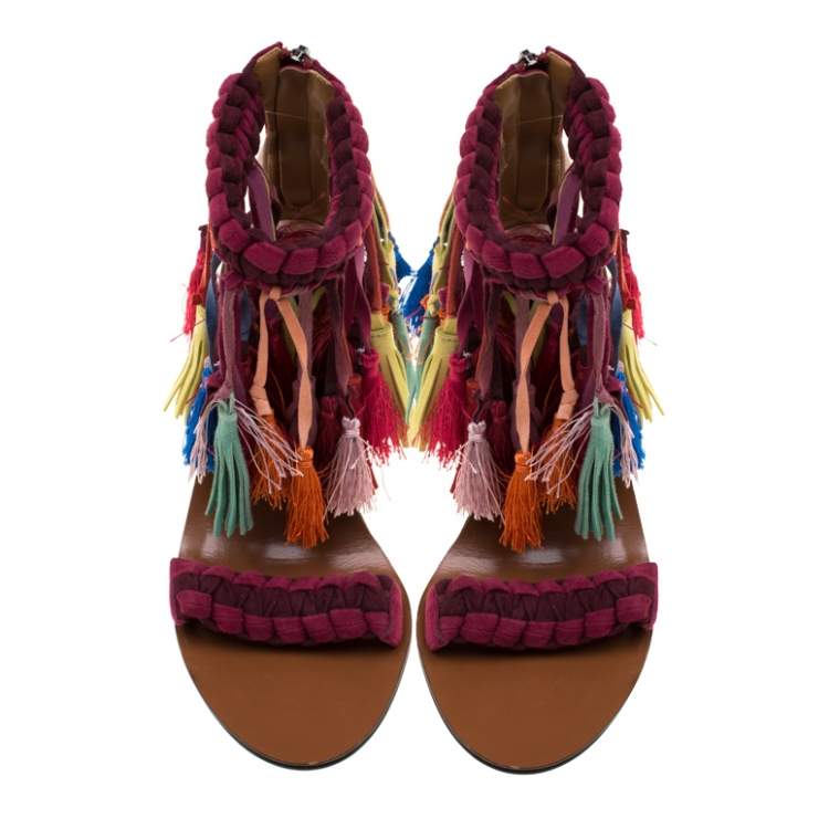 Pre Owned Chloe Multicolor Leather And Suede Tassel Detail Block Heel Sandals Size 36