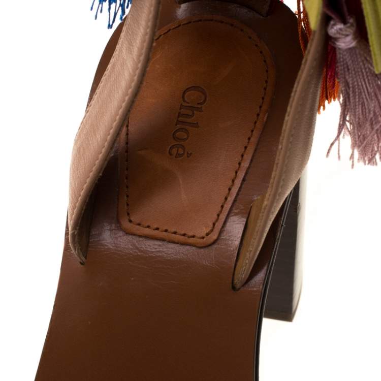 Pre Owned Chloe Multicolor Leather And Suede Tassel Detail Block Heel Sandals Size 36