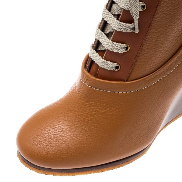Pre Owned Chloe Brown Leather Lace Up Wedge Ankle Boots Size 38.5