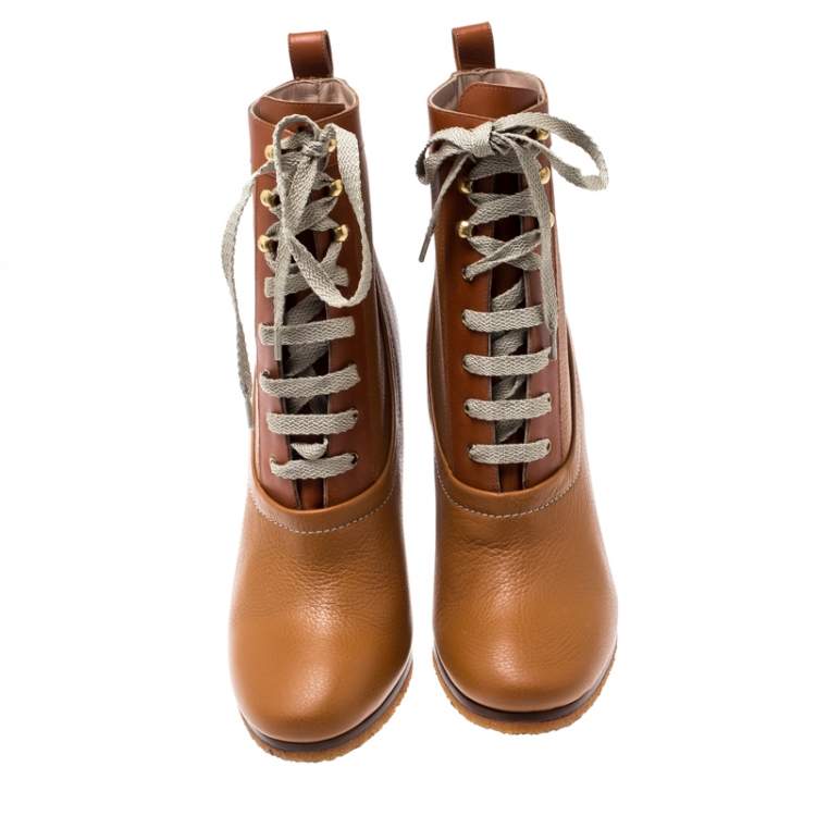 Pre Owned Chloe Brown Leather Lace Up Wedge Ankle Boots Size 38.5