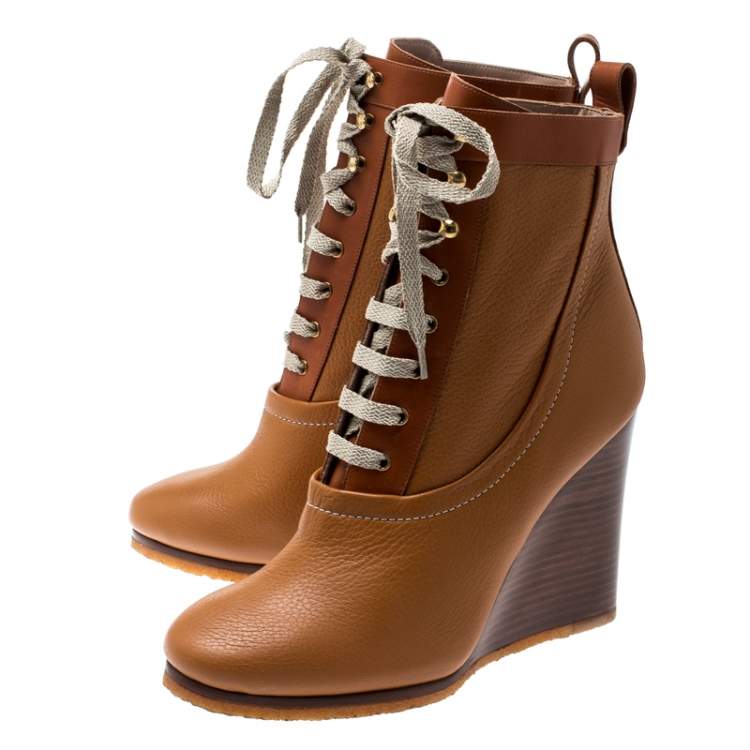 Pre Owned Chloe Brown Leather Lace Up Wedge Ankle Boots Size 38.5