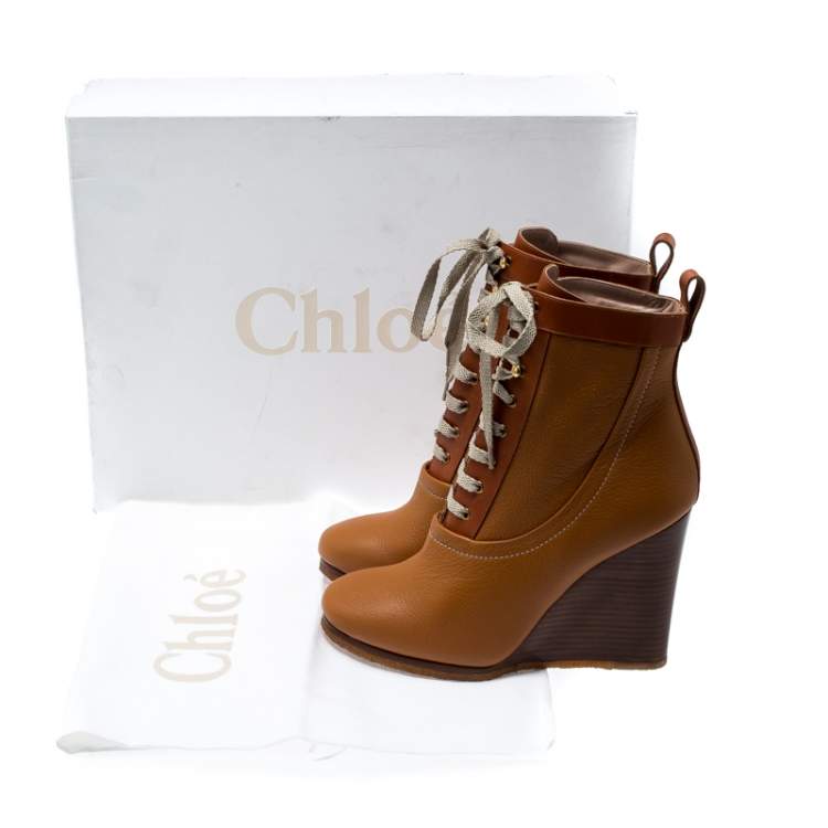 Pre Owned Chloe Brown Leather Lace Up Wedge Ankle Boots Size 38.5