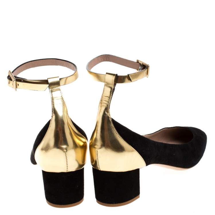 مملوكة مسبقًا Chloe Black Suede And Gold Leather Block Heel Ankle Strap Pumps Size 39