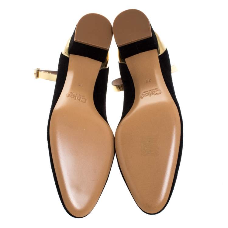 مملوكة مسبقًا Chloe Black Suede And Gold Leather Block Heel Ankle Strap Pumps Size 39