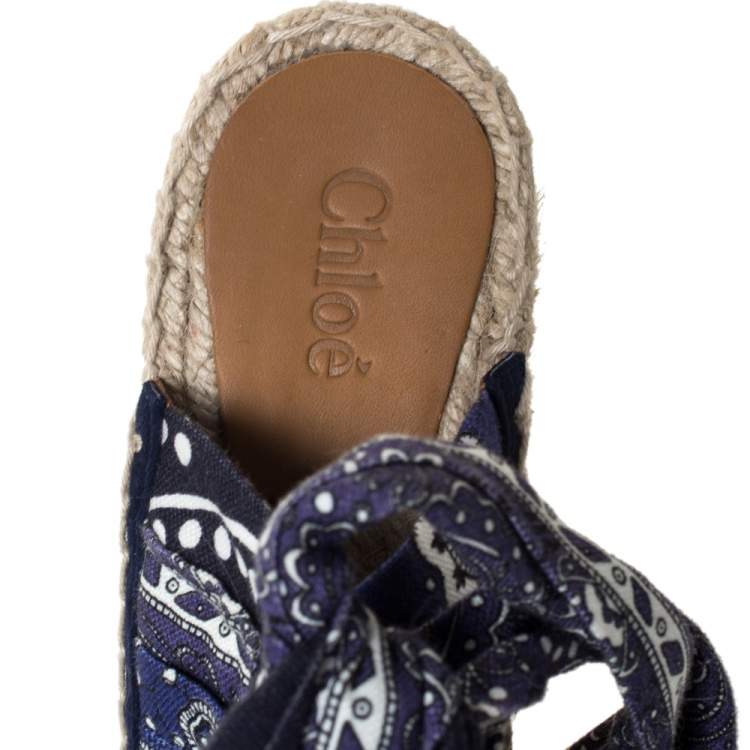 مملوكة مسبقًا Chloe Blue Floral Printed Canvas Espadrille Wedge Platform Peep Toe Sandals Size 38