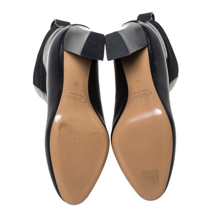 Pre Owned Chloe Black Leather Block Heel Ankle Boots Size 36