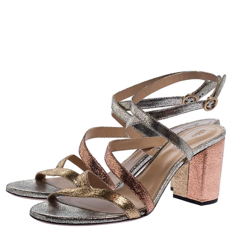 مملوكة مسبقًا Chloe Metallic Multicolor Crackled Leather Ankle Strap Sandals Size 39