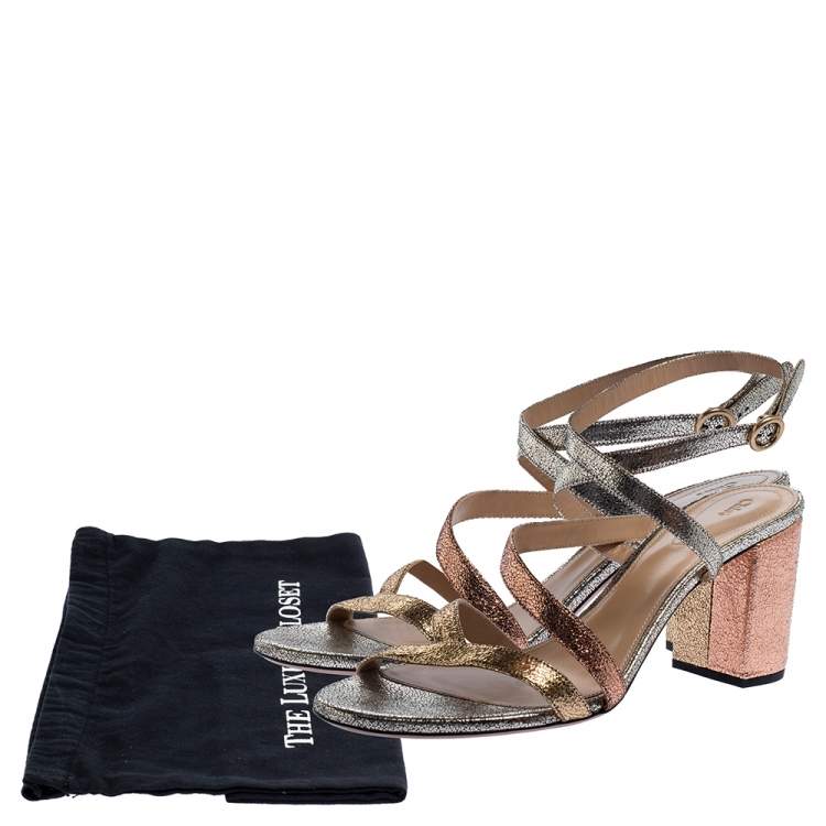 مملوكة مسبقًا Chloe Metallic Multicolor Crackled Leather Ankle Strap Sandals Size 39