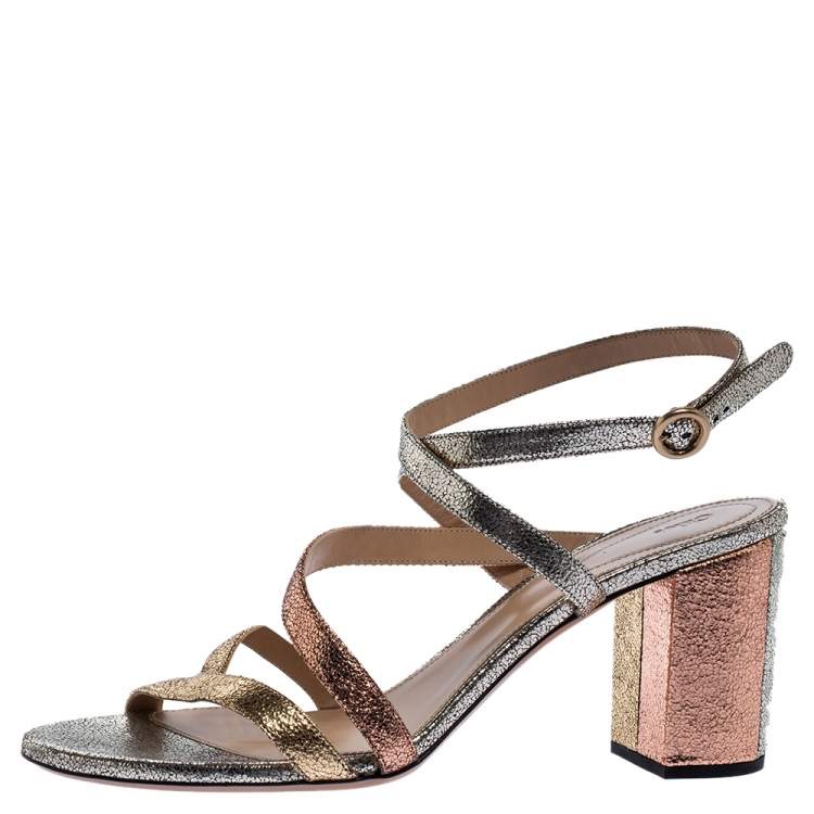 مملوكة مسبقًا Chloe Metallic Multicolor Crackled Leather Ankle Strap Sandals Size 39