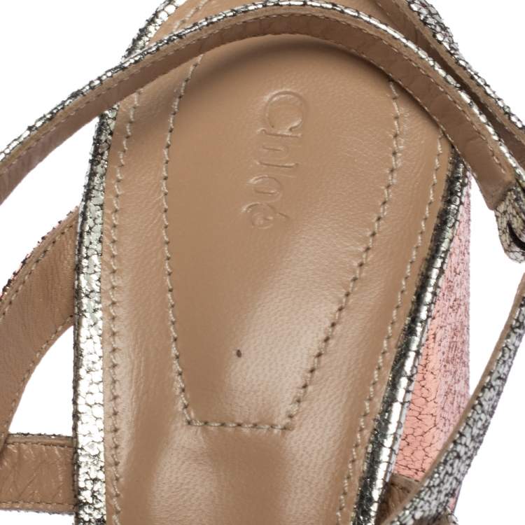مملوكة مسبقًا Chloe Metallic Multicolor Crackled Leather Ankle Strap Sandals Size 39