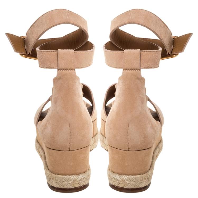 Pre Owned Chloe Beige Suede Scalloped Platform Espadrille Sandals Size 37