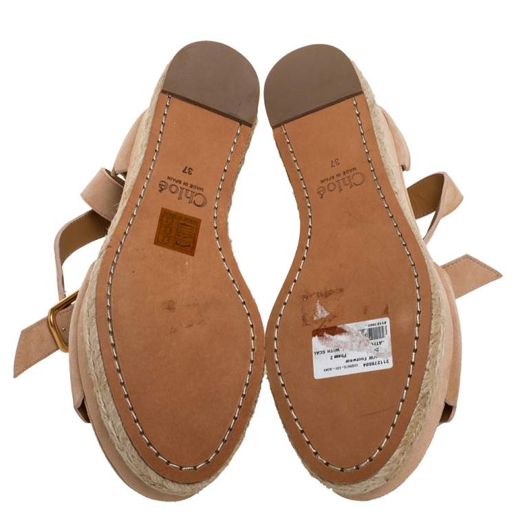 Pre Owned Chloe Beige Suede Scalloped Platform Espadrille Sandals Size 37