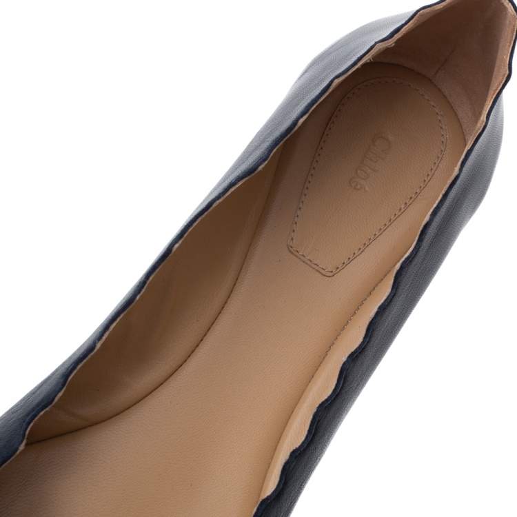 Pre Owned Chloe Navy Blue Leather Lauren Scalloped Ballet Flats Size 40
