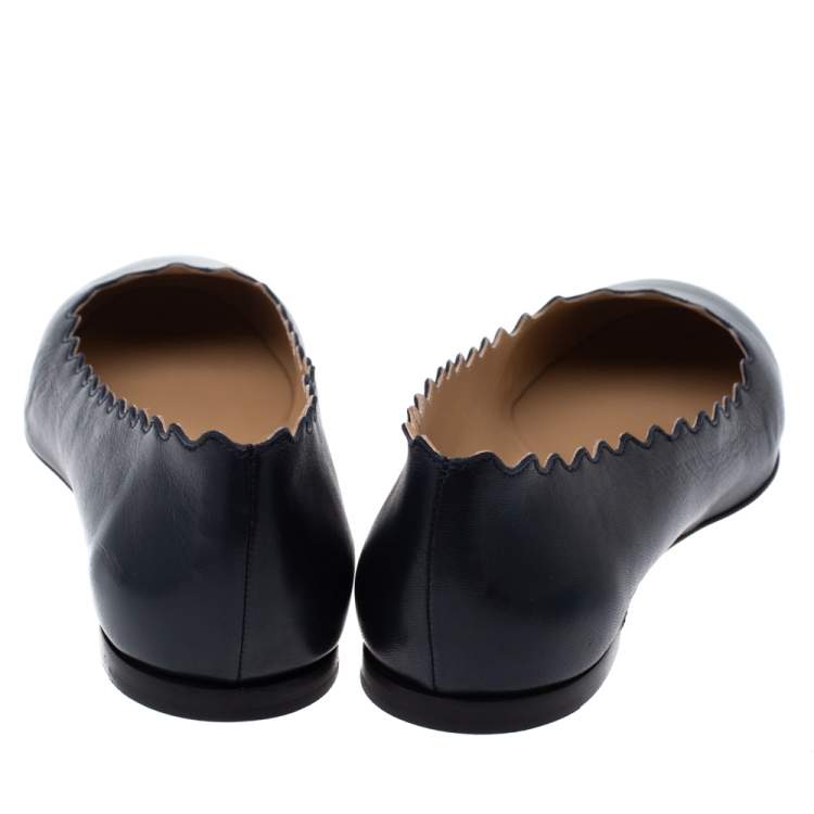 Pre Owned Chloe Navy Blue Leather Lauren Scalloped Ballet Flats Size 40