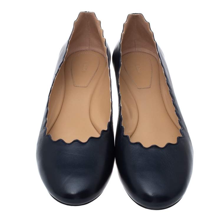 Pre Owned Chloe Navy Blue Leather Lauren Scalloped Ballet Flats Size 40