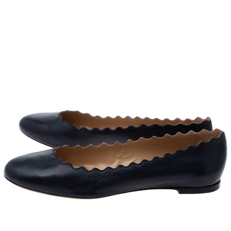 Pre Owned Chloe Navy Blue Leather Lauren Scalloped Ballet Flats Size 40