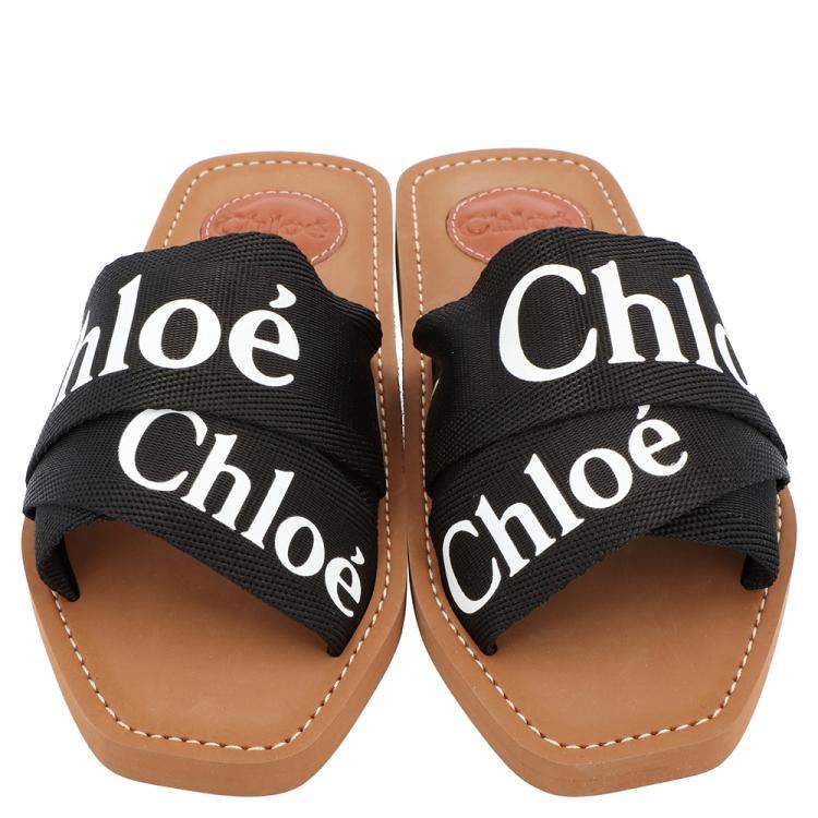 Pre Owned Chloe Black Canvas 'Woody' Logo Print Strap Sandals Size 36